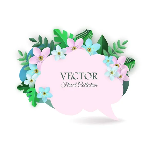 Ilustração vetorial de composição floral com bolha de fala em branco e flores macias com folhas . — Vetor de Stock
