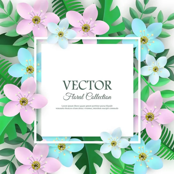 Vector spring white flowers with leaves poster — Stock Vector