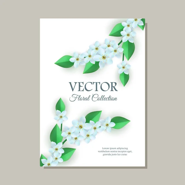 Vetor primavera flores brancas com folhas cartaz — Vetor de Stock