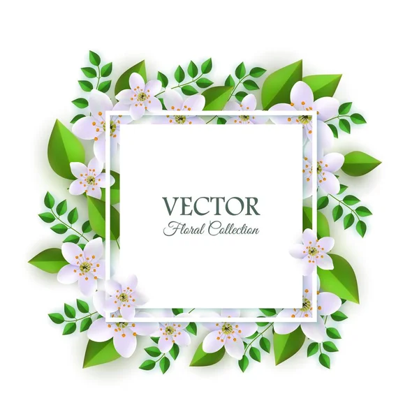 Vector illustration of floral composition with tender light flowers and green leaves around square card. — Stock Vector