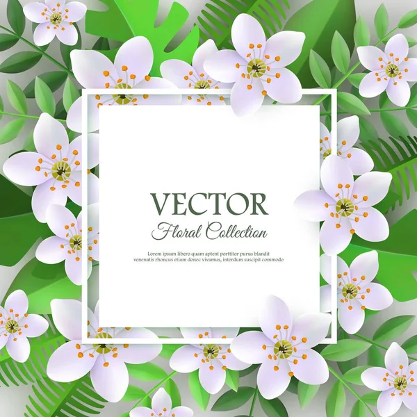 Vector spring white flowers with leaves poster — Stock Vector