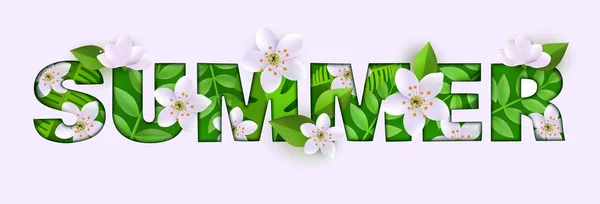 Vector zomer inscriptie met witte groene bloemen — Stockvector