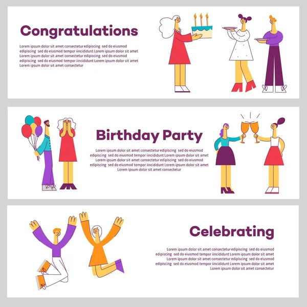 Vektor Illustration Set von horizontalen Bannern feiern mit verschiedenen Personen auf Ferienparty. — Stockvektor
