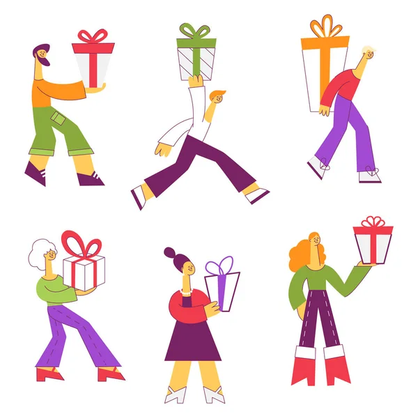 Conjunto de ilustración vectorial de personas que llevan cajas de regalo envueltas decoradas con cintas y arcos . — Archivo Imágenes Vectoriales