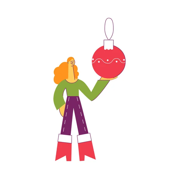 Ilustración vectorial del elemento de vacaciones de invierno: mujer sosteniendo una gran bola decorativa de árbol de Navidad rojo . — Vector de stock