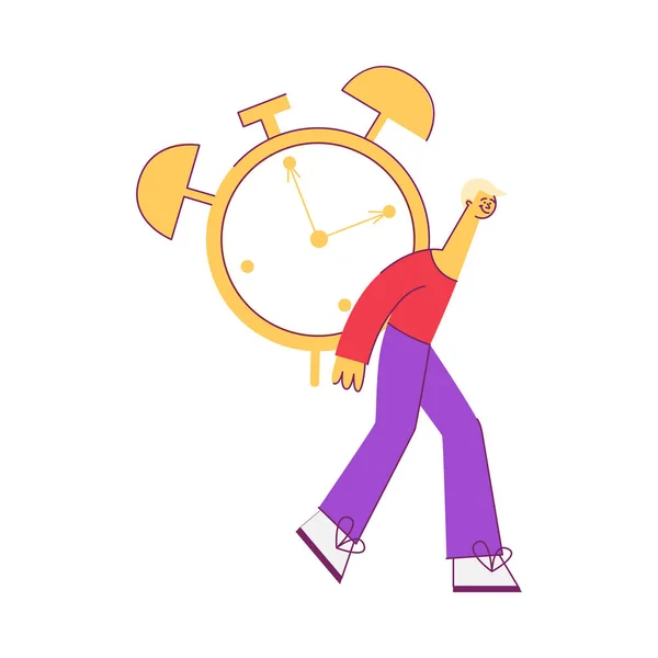 Vector hombre plano sosteniendo gran reloj despertador de mesa — Archivo Imágenes Vectoriales