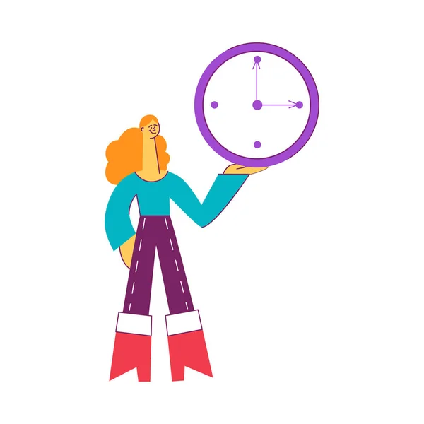 Vektorové ilustrace mladé ženy držící Velké zdi hodinky v ruce v plochý. — Stockový vektor