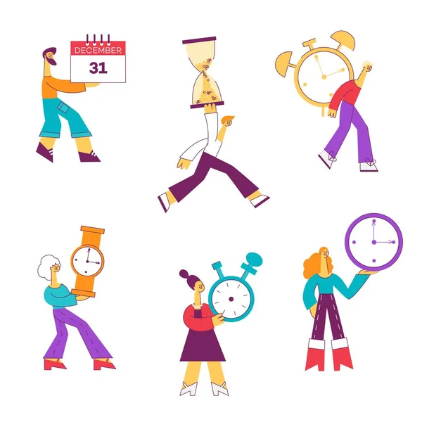 Conjunto de ilustrações vetoriais de pessoas com diferentes tipos de relógios e calendário . —  Vetores de Stock