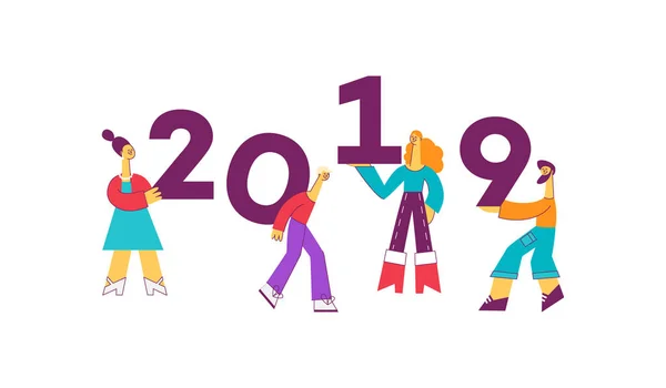 Vector personas planas celebración 2019 números de año nuevo — Vector de stock