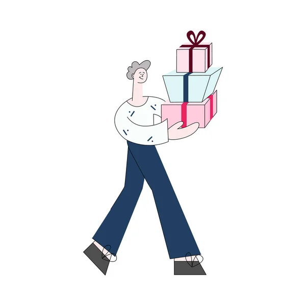 Vector illustration of young man carrying stack of wrapped gift boxes.