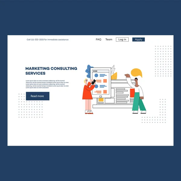 Εικονογράφηση διάνυσμα ιστοσελίδα πρότυπο σχεδίασης σελίδας για συμβουλευτικές υπηρεσίες μάρκετινγκ. — Διανυσματικό Αρχείο