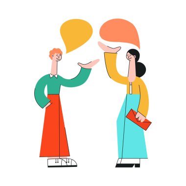 Vector illustration of talking people with speech bubbles in flat style. clipart
