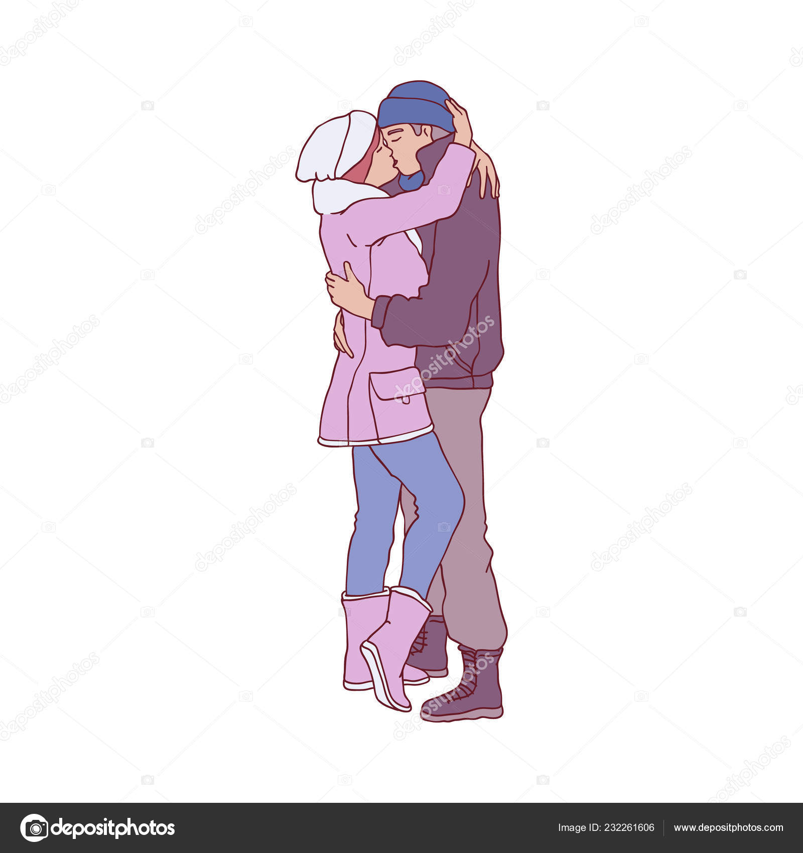 Vector sketch lovers hugging kissing at winter Stock Vector Image by  ©Sabelskaya #232261606