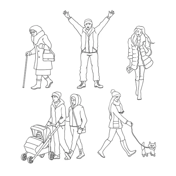 Juego de ilustración vectorial de personas que caminan en invierno . — Vector de stock