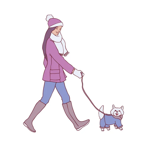 Illustrazione vettoriale di giovane donna cane da passeggio in inverno . — Vettoriale Stock