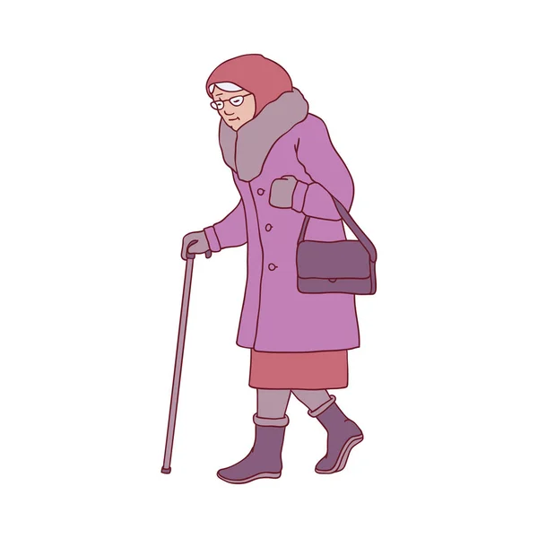 Векторні ілюстрації літньої жінки з ходьбою палицею в зимовий час . — стоковий вектор