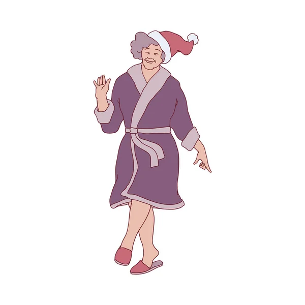 Vector platte schets oude vrouw in santa hat plezier — Stockvector