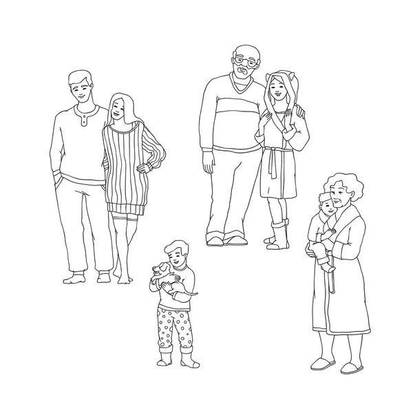 Conjunto de ilustración vectorial de miembros felices de la familia en la ropa de casa de invierno cálido abrazo . — Vector de stock