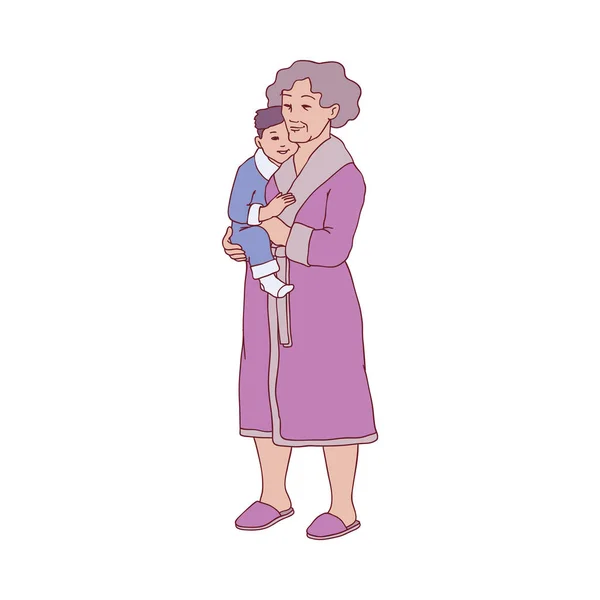 Vettoriale piatto schizzo vecchia donna holding ragazzo bambino — Vettoriale Stock