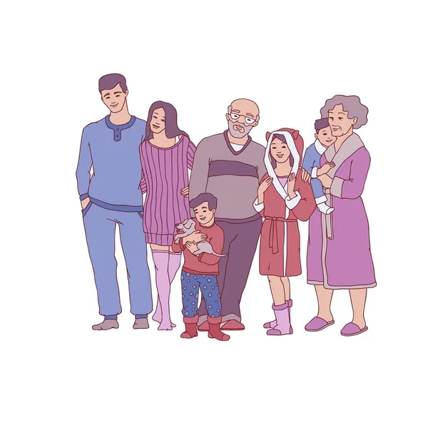 Vektor-Sketch großer Familiencharakter, der sich zu Hause umarmt — Stockvektor