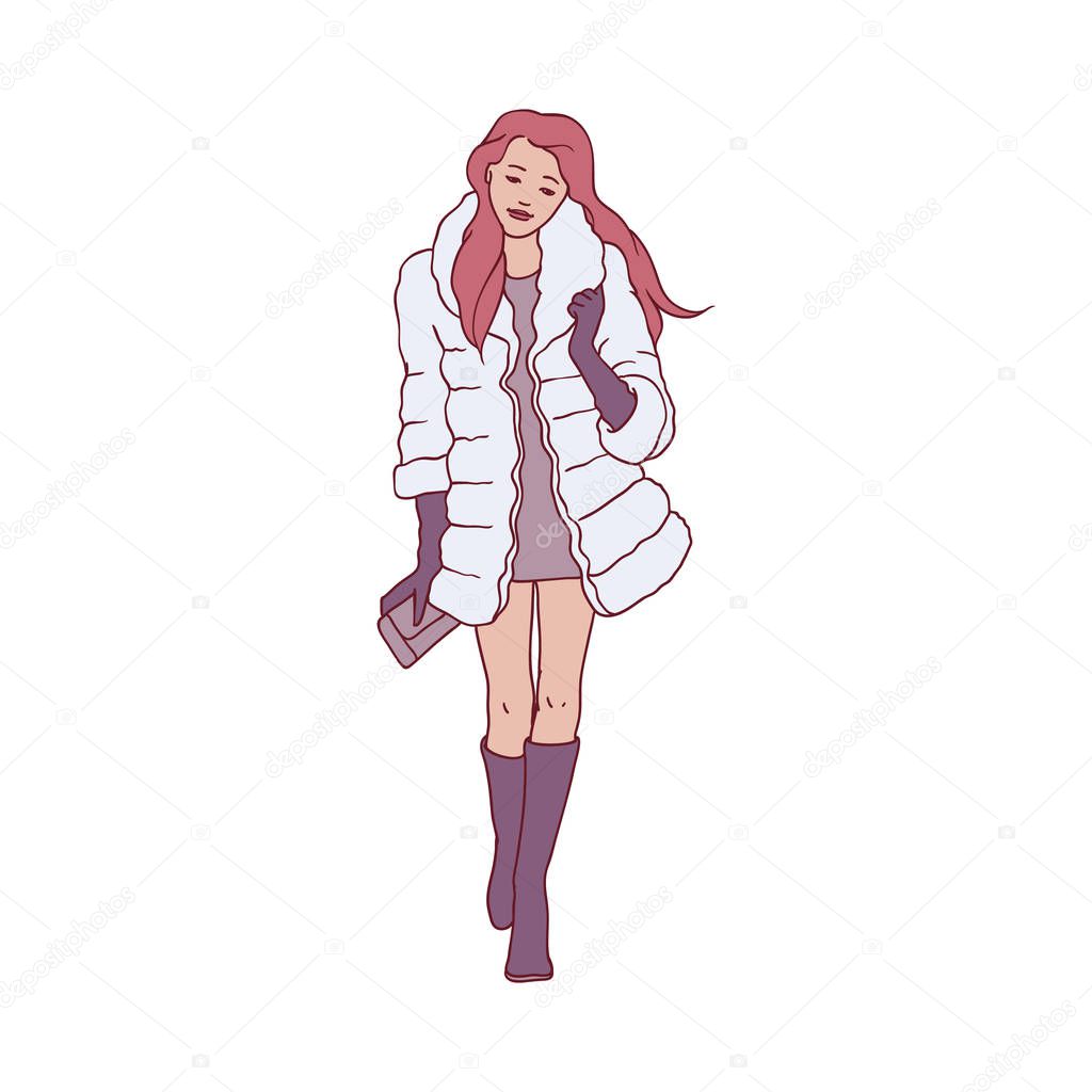 Vector illustration of young red-haired girl in fur coat walking in winter time.