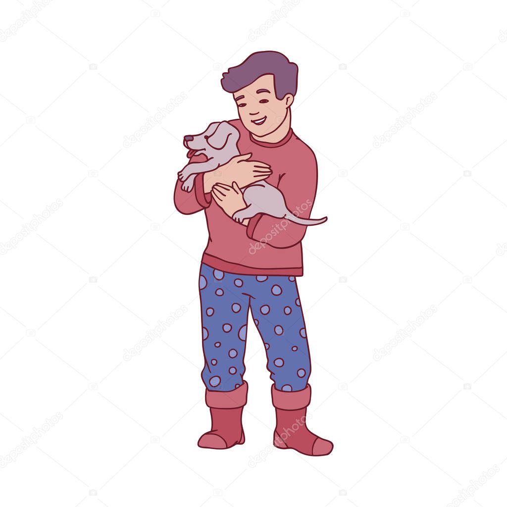 Vector sketch boy kid holding cute puppy dog