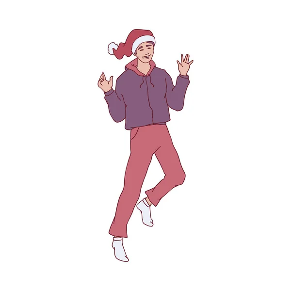 Illustrazione vettoriale del giovane in abiti caldi per la casa e cappello rosso di Babbo Natale che salta e balla . — Vettoriale Stock