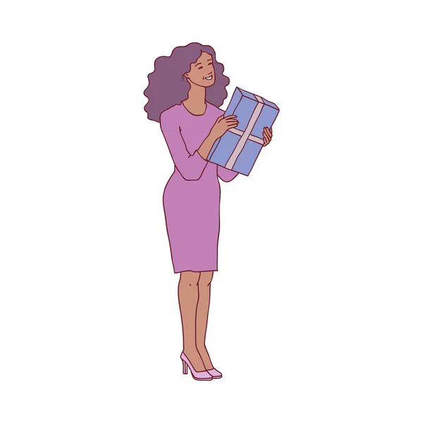 Vector illustration of young woman in festive dress holding wrapped and decorated gift box.