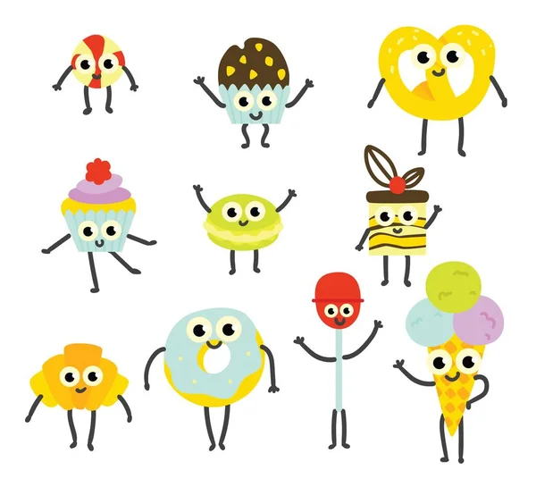 Vector ilustración conjunto de dulces postres personajes de dibujos animados con caras sonrientes lindo . — Archivo Imágenes Vectoriales