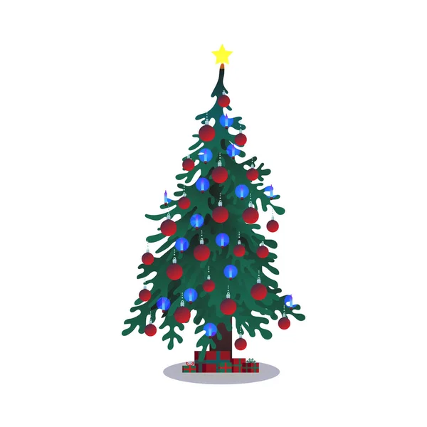 Vektorillustration av julgran dekorerad med bollar med ljus och stjärna på toppen. — Stock vektor