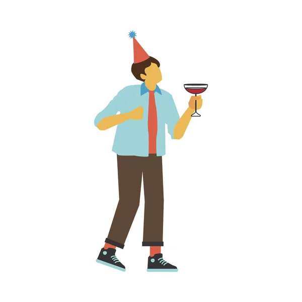 Ilustración vectorial de bailar y beber alcohol cóctel hombre en sombrero de fiesta cónica . — Vector de stock