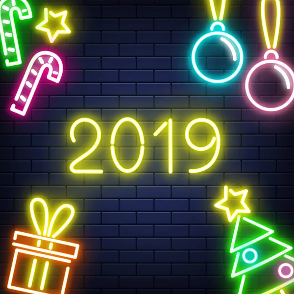 Neon vettoriale 2019 nuovo anno sfondo su muro di mattoni — Vettoriale Stock