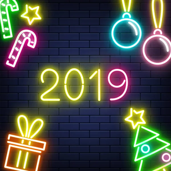 Illustrazione vettoriale del banner di Capodanno 2019 con insegna fluorescente e decorazioni natalizie . — Vettoriale Stock
