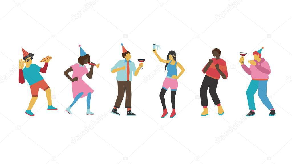 Friend party vector illustration set with men and women dancing and having fun.