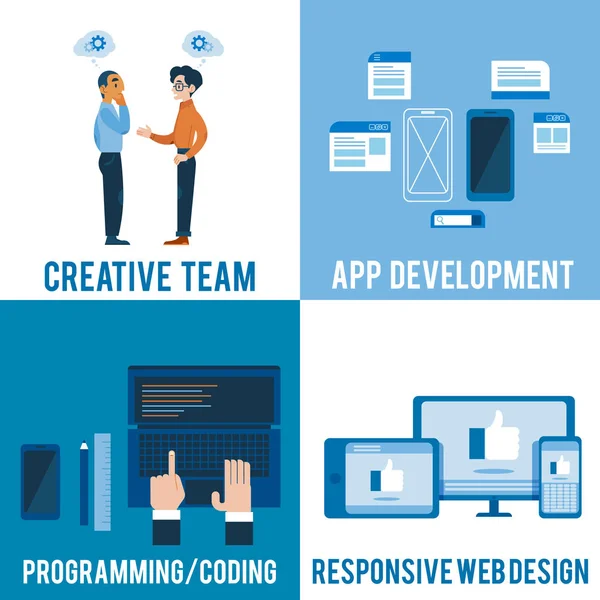 Conjunto de conceito de desenvolvimento de aplicativos de software plano vetorial — Vetor de Stock