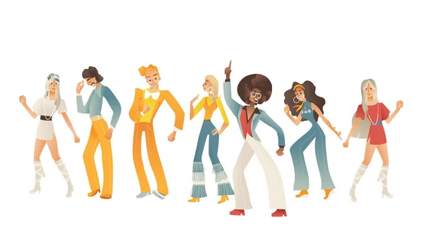 Disco dança pessoas vetor ilustração definido com vários homens e mulheres com roupas retro e penteados . —  Vetores de Stock