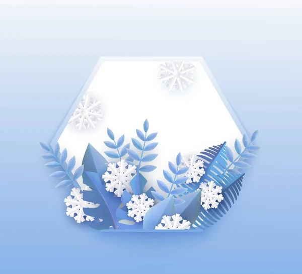 Fond d'hiver vectoriel avec feuilles et flocons de neige — Image vectorielle