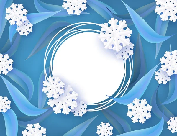Εικονογράφηση φορέα φυσικών banner χειμώνα με φύλλα δέντρων και νιφάδες χιονιού. — Διανυσματικό Αρχείο