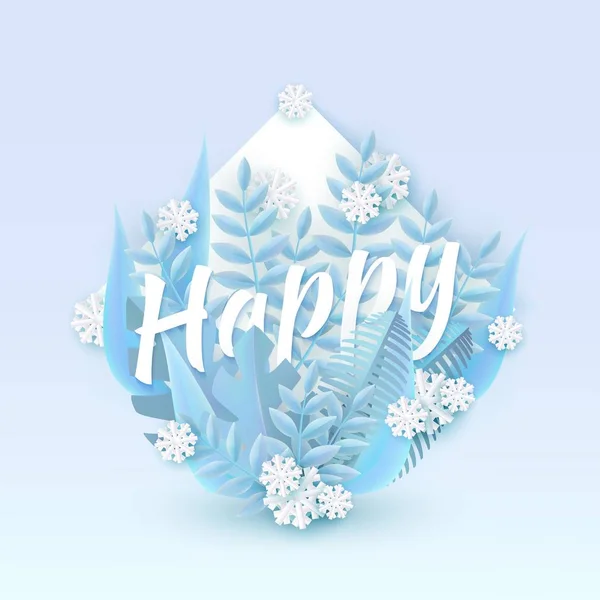 Illustration vectorielle du texte Happy hiver design naturel avec des feuilles bleues et des flocons de neige blancs autour du mot . — Image vectorielle