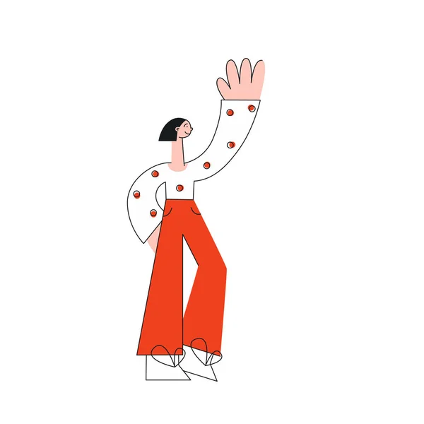 Ilustração vetorial da jovem de pé e acenando a mão ou mostrando algo . —  Vetores de Stock