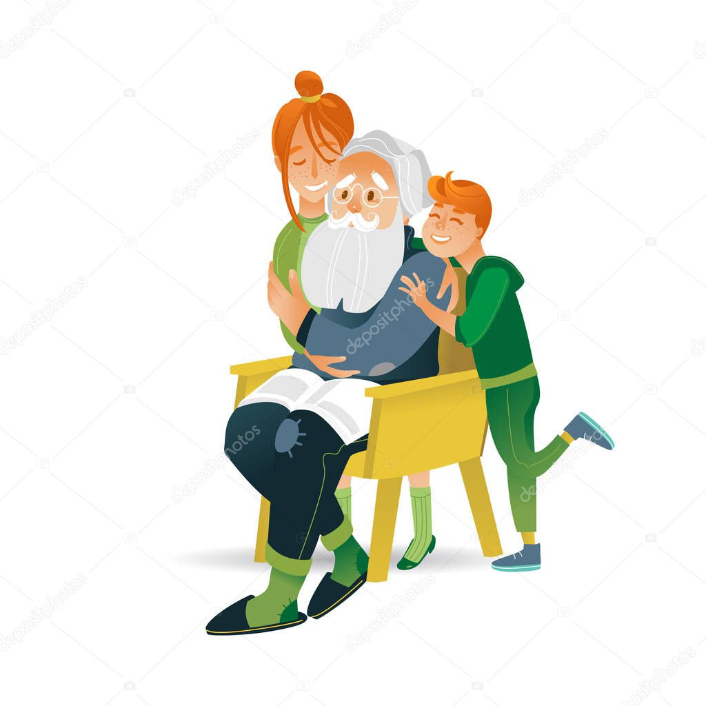 Vector illustration of happy family concept - little smiling boy and girl hugging their grandfather.