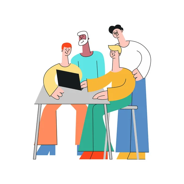 Coworking Kommunikations-Vektorillustration mit einem Team von Menschen, die zusammen arbeiten. — Stockvektor