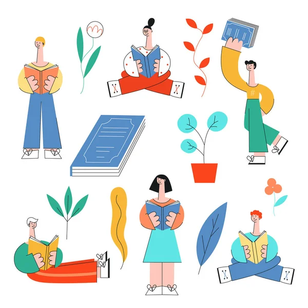 Ensemble d'illustrations vectorielles éducatives - différentes personnes avec des livres lisant et étudiant dans un style plat . — Image vectorielle