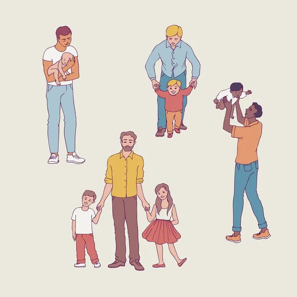 Vektor illustration uppsättning fäder med sina barn isoleras på vit bakgrund i skiss stil. — Stock vektor
