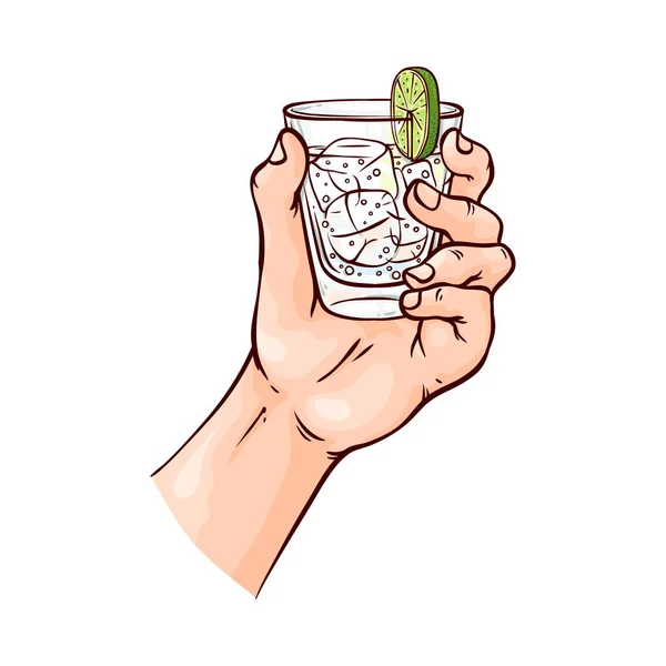 Εικονογράφηση διάνυσμα από ανθρώπινο χέρι, κρατώντας το ποτήρι με ασβέστη δροσιστικά κοκτέιλ σε ποτήρι με παγάκια. — Διανυσματικό Αρχείο