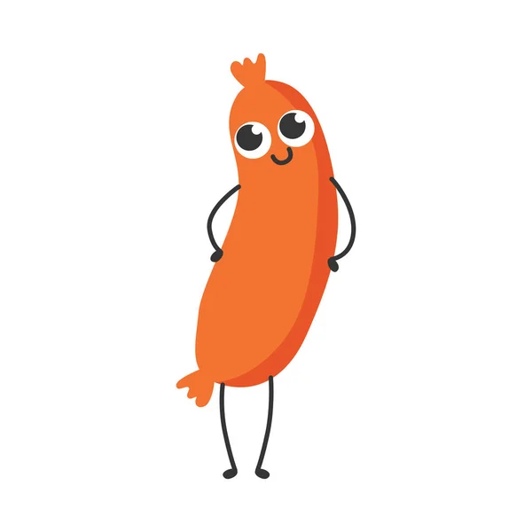 Vector illustration of sausage cartoon character standing with hands in sides and looking up.
