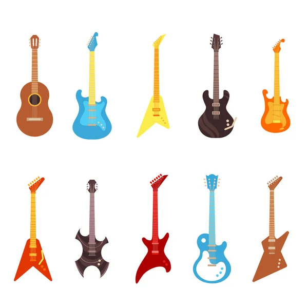 Набор векторных иллюстраций для гитары - различные электрические и акустические струнные музыкальные инструменты . — стоковый вектор