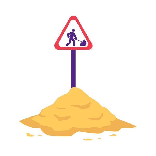 Pile of sand with sign warning of construction or repair work. — Stock Vector