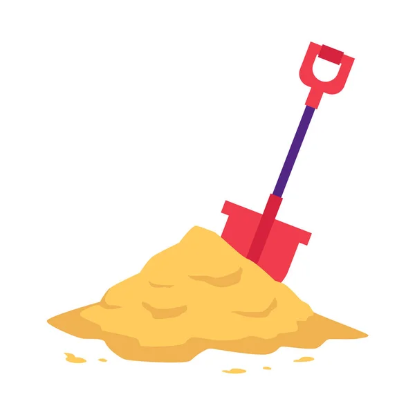 Hromadu písku s červenou lopatkou v plochý izolovaných na bílém pozadí. — Stockový vektor