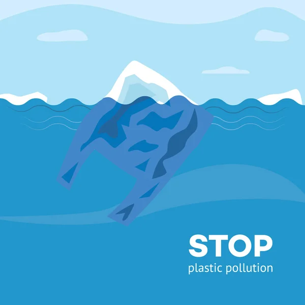 Stop banner de contaminación plástica con bolsa de polietileno flotando en agua azul . — Vector de stock
